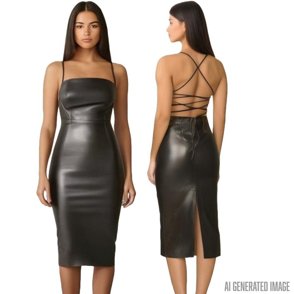 Good American Faux Leather Black Strappy Dress Size 3 Large Bodycon Club Biker - Picture 1 of 8